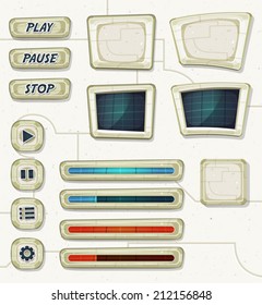 Scifi Space Icons For Ui Game/ Illustration of a set of various cartoon design ui game space and scifi elements including banners, signs, buttons, load bar and app icon