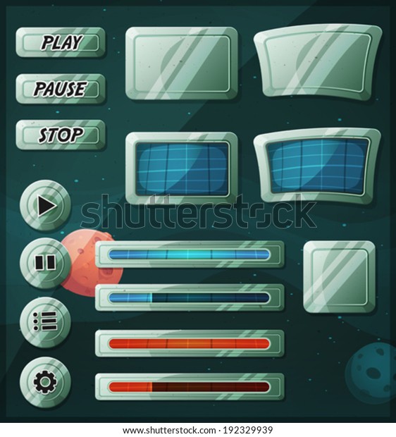 Uiゲーム用のscifiスペースアイコン バナー 標識 ボタン ロードバー 星と惑星の背景にアプリアイコンを含む さまざまな漫画デザインのuiゲーム 空間とsfiエレメントのセットのイラスト のベクター画像素材 ロイヤリティフリー