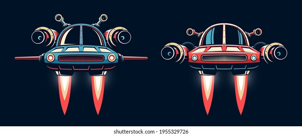 Sci-fi Spaceship Flying. Fantastic Flying Car. Vector Retro Illustration.