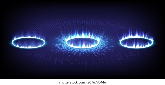 Sci-fi stage high-tech collection in glowing HUD. Hologram portal of science futuristic. Magic warp gate in game fantasy. 3D Music sound wave. Circle teleport podium. GUI, UI virtual reality users