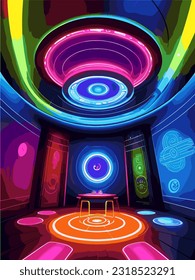 Sci-fi style room dark room with colorful lights. Round  circular room with color wheel resembling spectrum colored lights around a hologram or teleportation device. wide format 