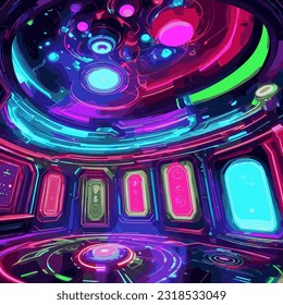 Sci-fi style room dark room with colorful lights. Round circular room with color wheel resembling spectrum colored lights around a hologram or teleportation device. wide format