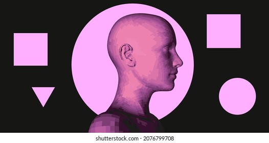 Sci-fi synthwave 80's style illustration of a 3D low poly mesh of a human head. Concept illustration for Machine Learning, Artificial intelligence and Robotics themes.