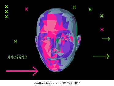 Sci-fi synthwave 80's style illustration of a 3D low poly model of a human head. Concept for Machine Learning, Artificial intelligence and Robotics themes.