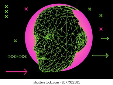 Sci-fi synthwave 80's style illustration of a 3D wireframe mesh of a human head. Concept for Machine Learning, Artificial intelligence and Robotics themes.