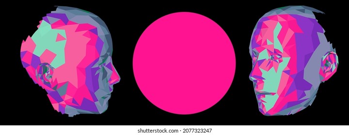 Sci-fi synthwave 80's style illustration of a 3D low poly model of a human head. Concept for Machine Learning, Artificial intelligence and Robotics themes.