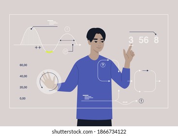 Sci-fi technologies, a young male Asian character working on a hologram augmented reality display