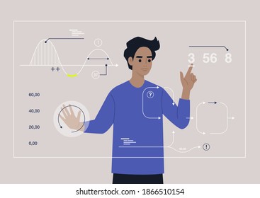 Sci-fi technologies, a young male character working on a hologram augmented reality display