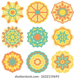 Sci-fi themed unique Mandala collection featuring neon yellow, aqua blue, and refreshing orange. Trendy eye catching designs for clothing and advertisement products. Vector illustration, EPS 10.