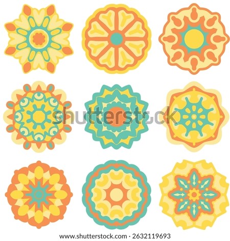 Sci-fi themed unique Mandala collection featuring neon yellow, aqua blue, and refreshing orange. Trendy eye catching designs for clothing and advertisement products. Vector illustration, EPS 10.