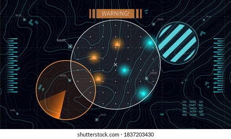 Sci-fi topography background with HUD elements. Artificial intelligence and big data. Vector contour topographic map. War hotspots.