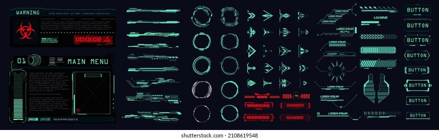 Sci-fi UI collection elements futuristic frames, circle, callouts titles, loading bars, arrows. HUD tech or digital technology game frames and text boxes.  Futuristic info boxes layout templates.