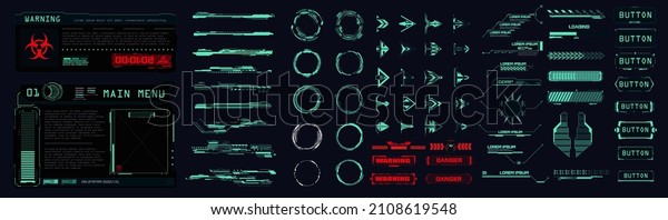Sci-fi UI collection elements futuristic\
frames, circle, callouts titles, loading bars, arrows. HUD tech or\
digital technology game frames and text boxes.  Futuristic info\
boxes layout templates.