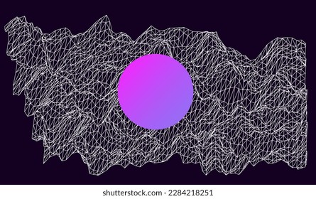Sci-fi vaporwave 3D landscape made of a polygonal distorted grid. Synthwave hi-tech style background. 