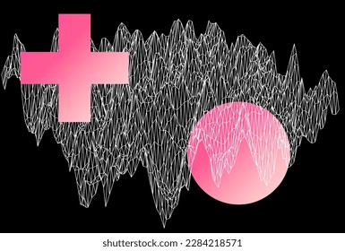 Sci-fi vaporwave 3D landscape made of a polygonal distorted grid. Synthwave hi-tech style background. 