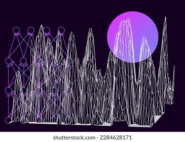 Sci-fi vaporwave 3D landscape made of a polygonal distorted grid. Synthwave hi-tech style background. 