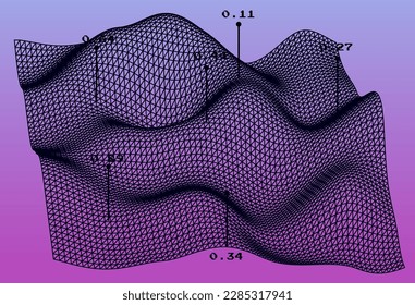 Sci-fi vaporwave 3D landscape made of a polygonal distorted grid. Synthwave hi-tech style background. 