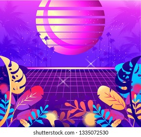 Sci-fi vector background, sunrise in the style of retro-grazing waves, synth, 80s design