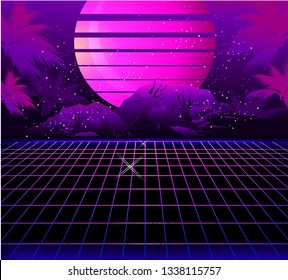 Sci-fi vector background, sunrise in the style of retro-grazing waves, synth, 80s design