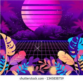 Sci-fi vector background, sunrise in the style of retro-grazing waves, synth, 80s design
