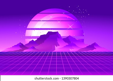 Sci-fi vector background, sunrise in the style of retro-grazing waves, synth, 80s design