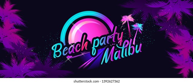 Sci-fi vector background, sunrise in the style of retro waves, synth, 80s design. Futuristic vector illustration geometric style Malibu Beach