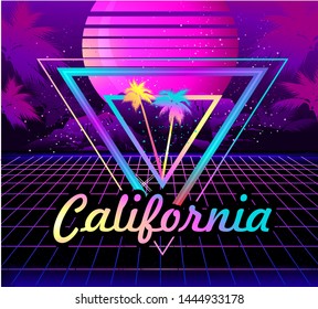 Sci-fi Vector Background, Sunrise In The Style Of Retro Waves, Synth, 80s Design. Futuristic Vector Illustration Geometric Style Triangle With Palm Tree