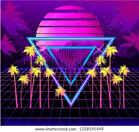 Sci-fi vector background, sunrise in the style of retro waves, synth, 80s design. Futuristic vector illustration geometric style Triangle with palm tree