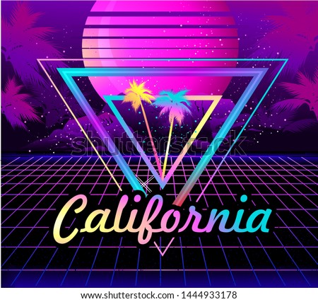 Sci-fi vector background, sunrise in the style of retro waves, synth, 80s design. Futuristic vector illustration geometric style Triangle with palm tree