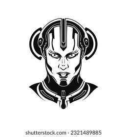 Sci-fi vector black and white illustration of cyborg head. Futuristic logo.