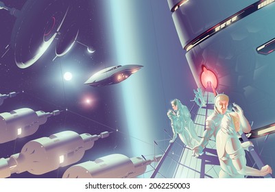 SciFi Vector Illustration Of Space Tourism On A Space Colony In Double Stars System.