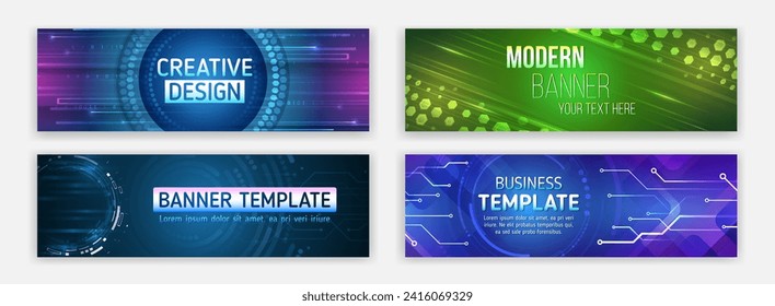 Sci-fi vector sample concept. High-tech horizontal banner template. Modern banner design with technology element. Data protection, internet communication, science, big data, cover design set.