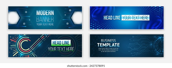 Sci-fi vector sample concept. High-tech horizontal banner template. Modern banner design with technology element. Data protection, internet communication, science, big data, cover design set.