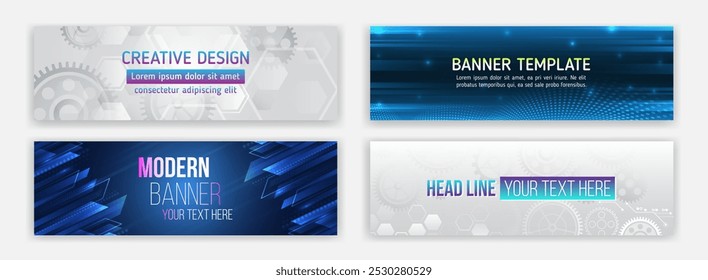 Sci-fi vector sample concept. High-tech horizontal banner template. Modern banner design with technology element. Data protection, internet communication, science, big data, cover design set.