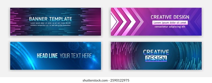 Sci-fi vector sample concept. High-tech horizontal banner template. Modern banner design with technology element. Data protection, internet communication, science, big data, cover design set.