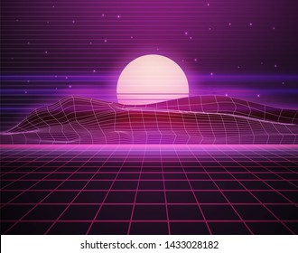 Scifi virtual reality landscape in 80s digital retrofuturistic style. Vector cyberpunk illustration with purple grid floor, mountains, sun  and stars. Arcade videogame with neon laser grid. Synthwave,