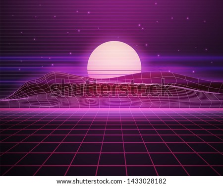 Scifi virtual reality landscape in 80s digital retrofuturistic style. Vector cyberpunk illustration with purple grid floor, mountains, sun  and stars. Arcade videogame with neon laser grid. Synthwave,