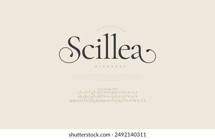 Scilea swash Luxus elegante Buchstaben und Zahlen Alphabet. Klassische Hochzeits-Typografie-Klassiker-Serif-Schrift-dekorativer Vintage-Retro. Kreative Vektorillustration