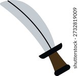 Scimitar with curved blade, central fuller, and short guard rendered in bold outline. Symbol of adventure, combat, and fantasy weaponry, evoking courage and quest. Cartoon vector illustration.