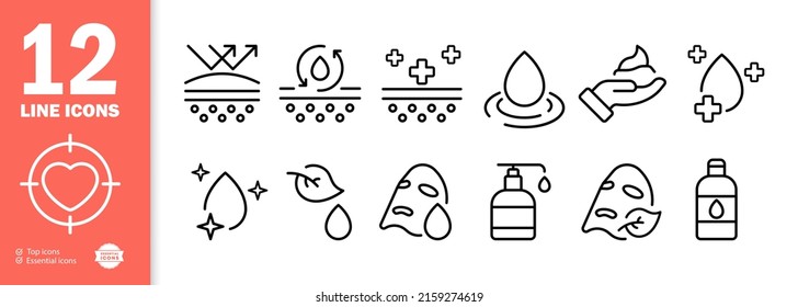 Scin Care Set Icon. Scrub, Cream, Skin Moisturizing, Pore Cleaning, Sun Protection, Acne Cream, Mask, Aloe, Etc. Personal Care Concept. Vector Line Icon For Business And Advertising