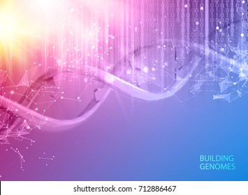 Scince illustration of bigdata with DNA molecule. Abstract binary code in matrix style over violet background. Dna bigdata visualization. Vector illustration.