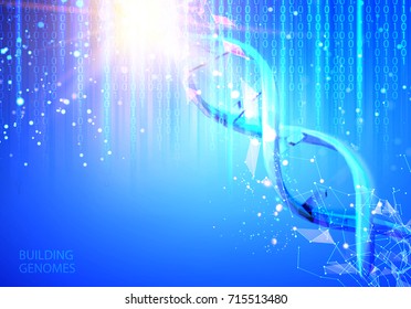 Scince illustration of bigdata with DNA molecule. Abstract binary code in matrix style over blue background. Dna bigdata visualization. Vector illustration.