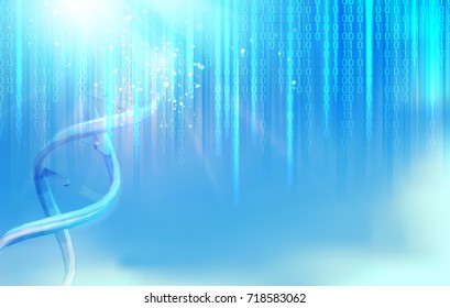 Scince illustration of bigdata with DNA molecule. Abstract binary code in matrix style over blue background. Dna bigdata visualization. Vector illustration.
