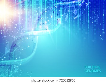 Scince illustration of bigdata with DNA molecule. Abstract binary code in matrix style over blue background. Dna bigdata visualization. Vector illustration.