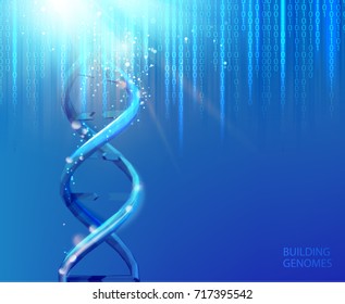 Scince illustration of bigdata uncoding of human genome. Abstract binary code in matrix style over blue background. Dna bigdata visualization. Vector illustration.