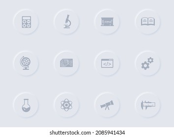 scinces graue Vektorsymbole auf runden Gummiknöpfen. Science-Icon-Set für Web, mobile Apps, i-Design und Förderung der Unternehmenspolygraphie