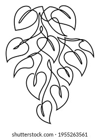 Scindapsus flower branch in a modern style in the style of one line. Continuous line drawing, home decor sketches, posters, wall art, stickers. Floral logo or icon vector illustration.