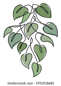 Scindapsus flower branch in a modern style in the style of one line. Continuous line drawing, home decor sketches, posters, wall art, stickers. Floral logo or icon vector illustration.