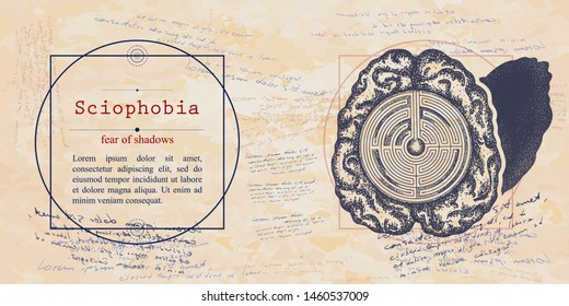 Sciophobia. Fear of shadows phobia. Psychological vector illustration. Psychotherapy and psychiatry. Medieval medicine manuscript 