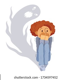 Sciophobia fear of shadows vector illustration, boy is scared by her own shadow with imaginary scary face scared in panic attack, psychology mental health concept.